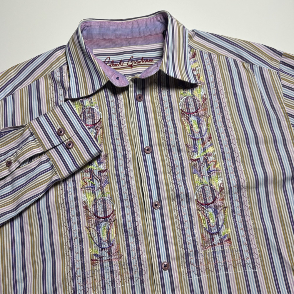 Robert Graham Striped Embroidered Multi Color Long Sleeve Button Down Shirt - Picture 3 of 12